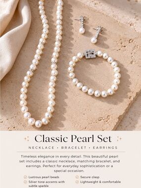 Classic Pearl Jewelry Set – Ivory Pearl Necklace, Bracelet & Earrings